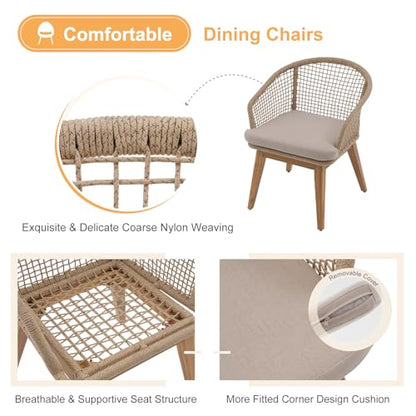 OC Orange-Casual 7-Piece Patio Acacia Wood Dining Set, Extendable Table & Checkerboard Woven Chairs, Outdoor Furniture Set for Garden, Backyard, Deck (Beige)