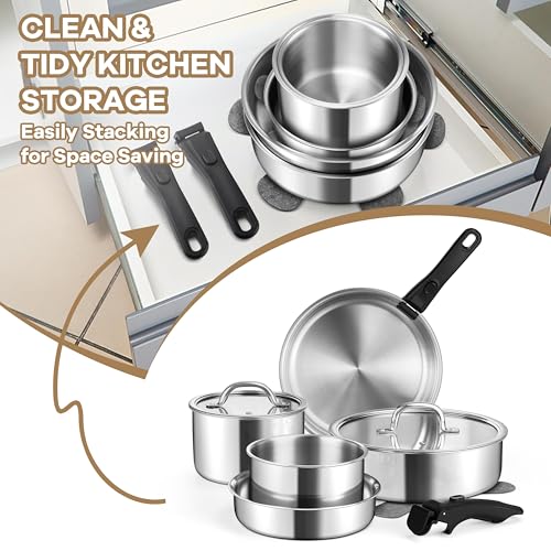 E-far 9pcs Stainless Steel Cookware Set, 3-Ply Pots and Pans Set w/Detachable Handle & Lid, Induction Cookware Kitchen Cooking Set for RV Camping, Nontoxic Whole Clad Frying/Saute/Sauce Pan, Oven Safe