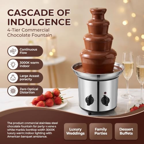 4 Tier Chocolate Fountain for Party, Stainless Steel Electric Chocolate Fondue Fountain Machine for Party