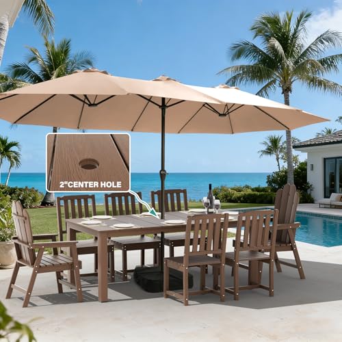 Tioline 9-Piece Patio Dining Set, Outdoor Dining Set for 8, HDPE All-Weather Outdoor Furniture with 75.20” Umbrella Hole Table, 2 Armchairs & 6 Armless Chairs, Brown