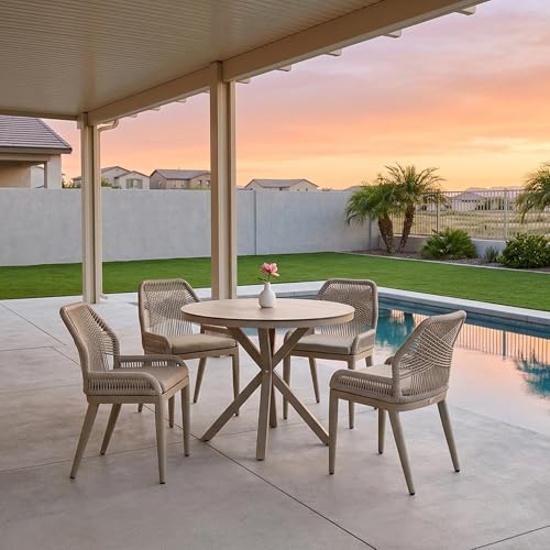 PURPLE LEAF 5 Pieces Round Dining Set Patio Aluminum Modern Round Table and Wicker Chairs with Cushions for Kitchen Porch Garden Outdoor Furniture Sets, Champagne