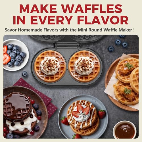 AshGlen Double Mini Waffle Maker for kids, Waflera Electrica with 2 X 4” Round Non-stick Grids, Small Waffle Maker Mini, Makes 2 Personalized Keto Chaffle Waffles, Mini Waffle Iron, Graphite