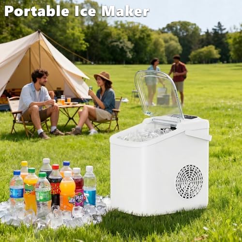 Sweetcrispy Countertop Ice Maker with Scoop, Basket and Handle, Portable Ice Machine 9 Cubes Ready in 6 Mins, 26.5lbs in 24Hrs, 2 Sizes for Home Kitchen Office Bar Party