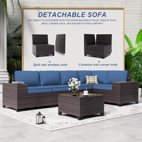 ASJMR Outdoor Patio Furniture Set, 6 Pieces Outdoor Sectional Furniture High Backrest Patio Sofa, All-Weather PE Rattan Patio Conversation Set with Coffee Table & Cushions(Dark Blue).