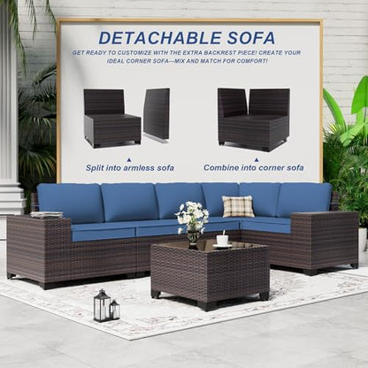 ASJMR Outdoor Patio Furniture Set, 6 Pieces Outdoor Sectional Furniture High Backrest Patio Sofa, All-Weather PE Rattan Patio Conversation Set with Coffee Table & Cushions(Dark Blue).