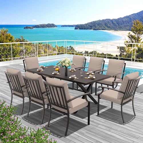 Trumbeak 9-Piece Patio Dining Set Outdoor Conversation Set,Metal Outdoor Furniture Set with Umbrella Hole Cut-Out 78.7" x 35.4" Table and 8 Metal Backrest Chairs for Backyard,Garden,Sand