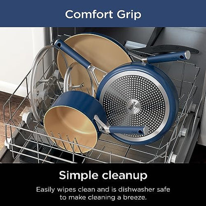Ninja Ceramic Cookware Set, Extended Life 11-Piece Kitchen Cookware Sets with Comfort Grip, Nonstick Fry Pans, Pots, PTFE Free, Oven & Dishwasher Safe, Stovetop Compatible, Navy Blue, CW49011
