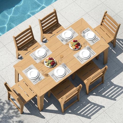 ACUEL HDPE Patio Dining Set for 6, Weather-Resistant Outdoor Table with Umbrella Hole, Never Sagging One-Piece Tabletop with Metal Support Bars for Poolside Backyard Garden (Teak Color)
