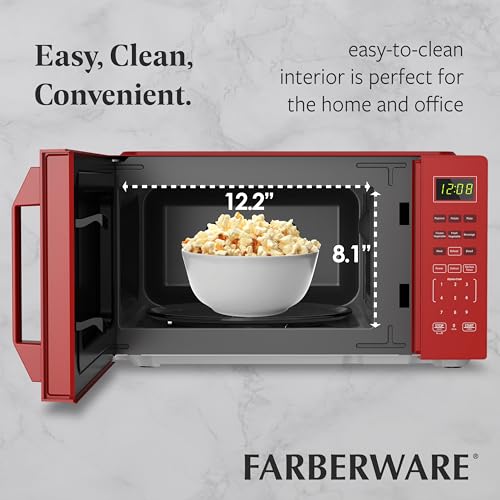 Farberware Countertop Microwave Oven, 700W, 0.7 Cu. Ft. Capacity, Compact Design with Turntable, Digital Display & Auto-Cook Functions, Red