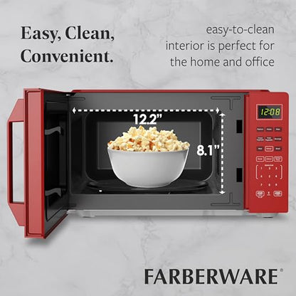 Farberware Countertop Microwave Oven, 700W, 0.7 Cu. Ft. Capacity, Compact Design with Turntable, Digital Display & Auto-Cook Functions, Red