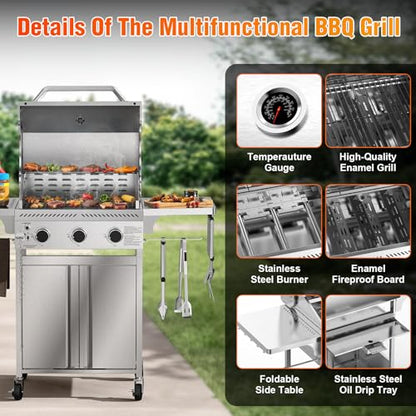 Electactic G31 Gas Grill, 3-Burner Gas Grill with Folding Side Tables,Stainless Steel 24,000 BTU BBQ Grill,Outdoor Propane Grill for Barbecue,Patio,Camping