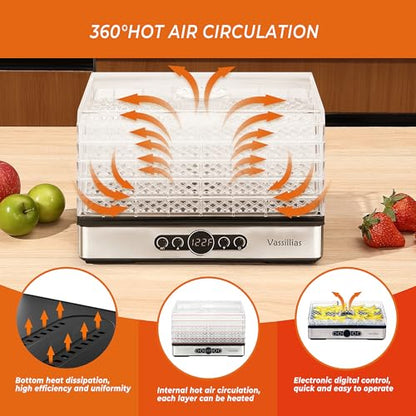 Food Dehydrator Dryer - Dehydrator for Healthy Food, Meat, Jerky, Fruit, Vegetable, Mushroom and Herb, 400W, 158°F, Mini Dryer with 5 BPA-Free Drying Racks and Slide Out Tray, White, Model 904