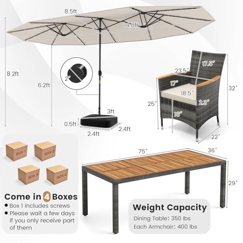 Tangkula 11 Pieces Patio Dining Set with 15 ft Double-Sided Patio LED Umbrella (Base Included), Outdoor Rattan Furniture Set with 8 Armchairs, 1 Rectangular Acacia Wood Dining Table