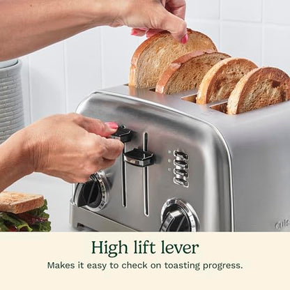 Cuisinart 4 Slice Compact Stainless Steel Toaster with Extra-Wide Slots for Bread, French Toast, Bagels & Pastries, Defrost & Reheat Functions, CPT-180P1, Brushed Stainless, Removable Crumb Tray