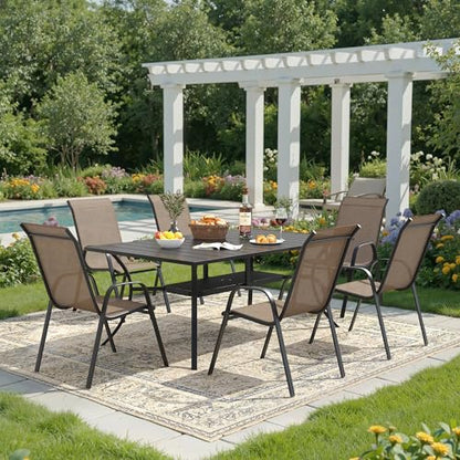 DIFY 7 Piece Outdoor Dining Set, 59.2" Black Rectangle Metal Patio Table and Brown Textilene Stackable Chairs for 6, All Weather Patio Furniture Set with Umbrella Hole for Backyard Garden Deck