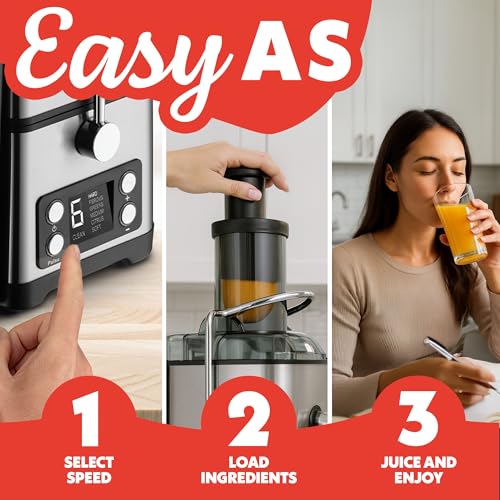 Gourmia Centrifugal Juicer - 6 Speed Digital Juice Extractor with Extra-Wide Chute, Pulse Mode, Self-Clean Cycle, 36 oz Pitcher, Pulp Container & Cleaning Brush, Stainless Steel