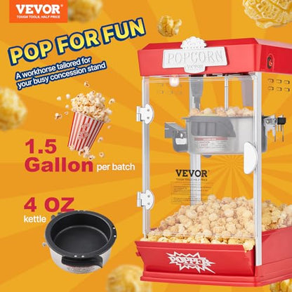 VEVOR Popcorn Maker, 480W Popcorn Popper Machine, 4 Oz Kettle Makes 1.5 Gallon per Batch, Tabletop Popcorn Maker, Includes 3 Scoops, Movie Theater Style, Red