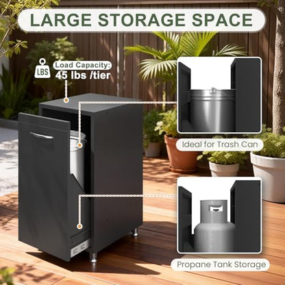 EROMMY 5-Piece Modular Outdoor Kitchen Island with Sink, Large Storage Cabinet & Shelf, Pull-Out Trash Drawer and Grill Stand, Outdoor Storage Kitchen Set for BBQ, Deck, Backyard, Black