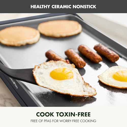 GreenPan Advanced 10.5”x 20” Electric Griddle with Warming Drawer, Healthy Ceramic Nonstick PFAS-Free Coating, Temperature Control, Easy and Versatile Countertop Meals, Dishwasher Safe, Graphite