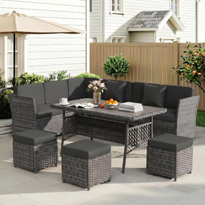 7 Pieces Patio Furniture Set, Patio Sectional with Dining Table & Ottoman