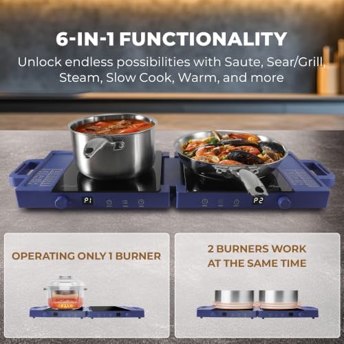 Rosewill Foldable Dual Induction Cooktop Burner, 1800W Portable Double Burner with 8 Cooking Modes & 9-Hour Timer, Auto Shutoff, Electric Stove for Home, Dorms, RVs, Small Kitchen - Blue