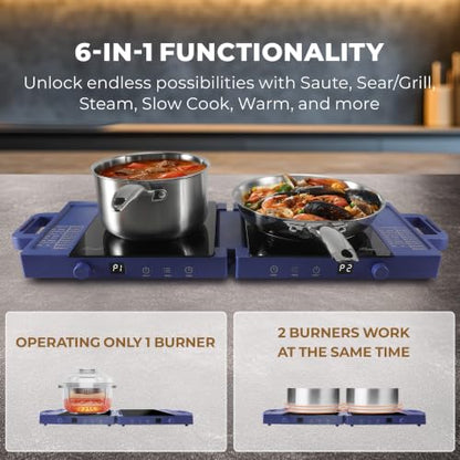 Rosewill Foldable Dual Induction Cooktop Burner, 1800W Portable Double Burner with 8 Cooking Modes & 9-Hour Timer, Auto Shutoff, Electric Stove for Home, Dorms, RVs, Small Kitchen - Blue