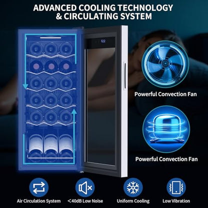 Tecnolove 18 Bottle Wine Cooler, 38-65°F Digital Temperature Control, 1.7 Cu.Ft Compact Wine Fridge, Freestanding Stainless Steel Glass Door with LED Light, Quiet Compressor for Red White Wine
