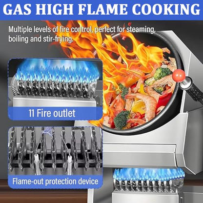 TT-YEL Stainless Steel Commercial Fully Automatic Cooking Machine, Drum-Type Food Processor, Natural Gas-Powered Cooking Machine, Water Spray Wok,30cm Wok