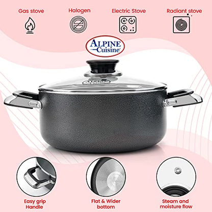 Alpine Cuisine 16 Quart Non-stick Stock Pot with Tempered Glass Lid and Carrying Handles, Multi-Purpose Cookware Aluminum Dutch Oven for Braising, Boiling, Stewing