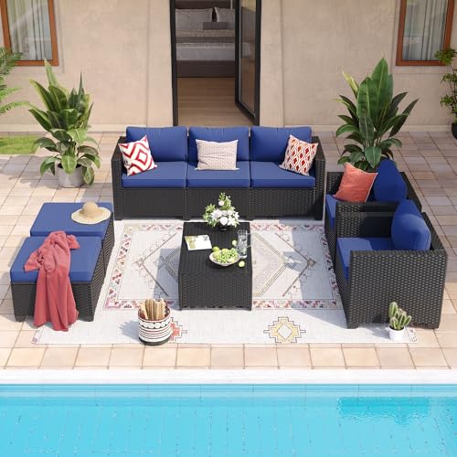 Aoxun 8 Piece Outdoor Patio Furniture Set 7 Seats, Outdoor Sectional with Thick Waterproof Cushions, Patio Conversation Sets for Garden,Backyard, Porch, Balcony, Deck, Black & Blue