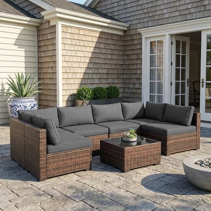 Decksplore 7 Piece Patio Furniture Set, Modular All-Weather PE Rattan Wicker Outdoor Sectional Sofa Conversation Set with Tempered Glass Coffee Table, 4.3" Thick Cushions & Furniture Cover, Grey