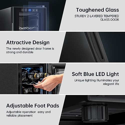 KingChii 6 Bottle Thermoelectric Wine Cooler Refrigerator Advanced Cooling Technology, Stainless Steel & Tempered Glass For Red Wine, Champagne for Home, Kitchen, or Office