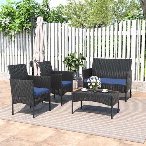 ASJMR 4 Piece Patio Rattan Conversation Set, Outdoor Rattan Chair Wicker Furniture Set, Couple Seats and Tempered Glass Table,Comfort Seat for Patio, Pool or Backyard, Navy