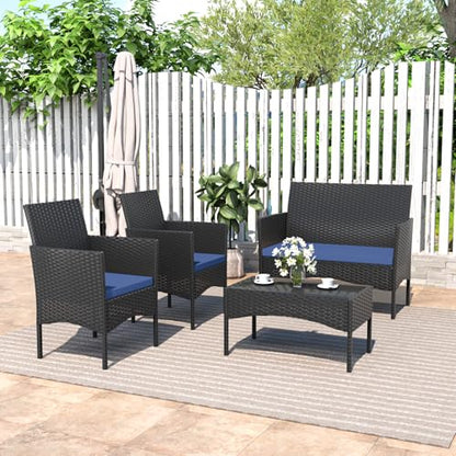 ASJMR 4 Piece Patio Rattan Conversation Set, Outdoor Rattan Chair Wicker Furniture Set, Couple Seats and Tempered Glass Table,Comfort Seat for Patio, Pool or Backyard, Navy