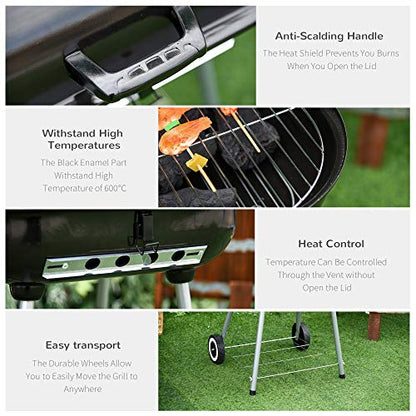 Outsunny Portable Charcoal Grill with Foldable Side Shelf and Bottom Shelf, BBQ Smoker with Wheels and Adjustable Vents on Lid for Picnic Camping Backyard Cooking, Black