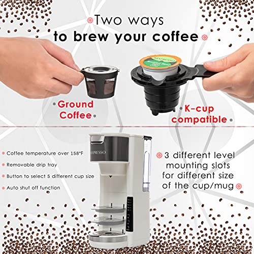 Mixpresso White Single Serve Coffee Brewer K-Cup Pods Compatible & Ground, 30 oz Compact Coffee Maker Single Serve With 5 Brew Sizes Up To 14 Oz, Fits Travel Mug, Adjustable Drip Tray