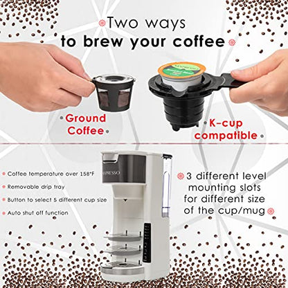 Mixpresso White Single Serve Coffee Brewer K-Cup Pods Compatible & Ground, 30 oz Compact Coffee Maker Single Serve With 5 Brew Sizes Up To 14 Oz, Fits Travel Mug, Adjustable Drip Tray