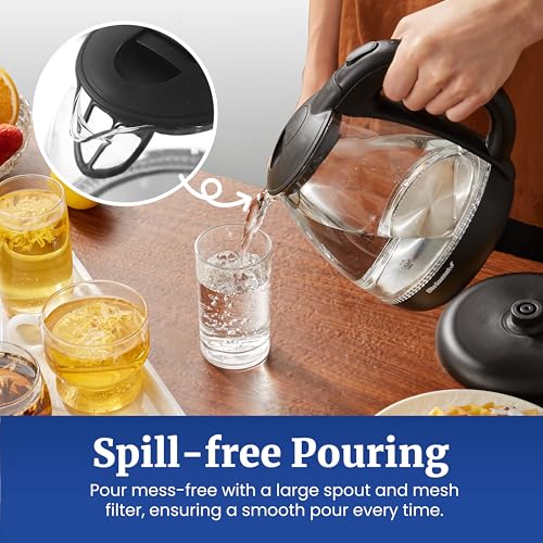 Elite Gourmet EKT1001 Electric 1.0L BPA-Free 1100W Glass Kettle Cordless 360° Base, Stylish Blue LED Interior, Handy Auto Shut-Off Function – Quickly Boil Water For Tea & More, Black