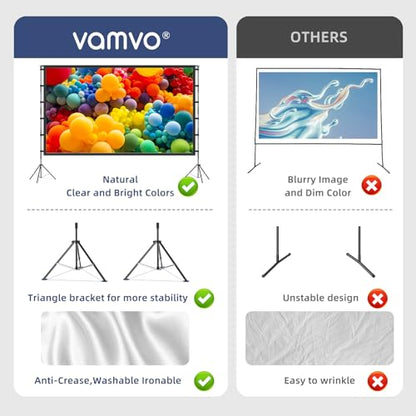 120 Inch Projector Screen with Stand, 16:9 4K HD Portable Projector Screen, Indoor Outdoor Front/Rear with Carry Bag for Home Theater Backyard Camping Movie Night