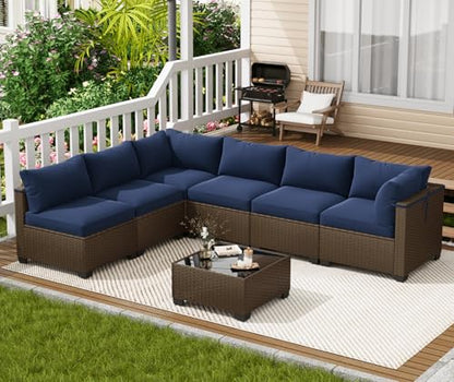 LOUVIXA 7 Piece Outdoor Patio Furniture Set, Outdoor Sectional Sofa, Wicker Rattan Patio Furniture, Patio Conversation Set with Coffee Table & Cushions