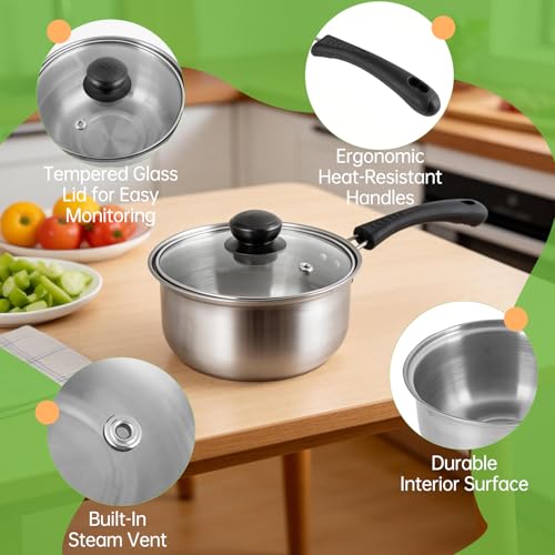 Tadka Pan with Lid, 1.5 Quart Small Sauce Pan with Lid, Stainless Steel Saucepan with Heat-Resistant Handle, Small Pot for Indian Tadka, Tempering and Dal, Perfect for Cooking and Flavoring Spices