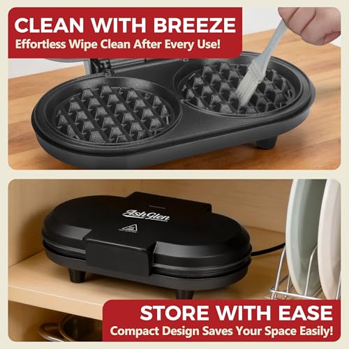 AshGlen Double Mini Waffle Maker for kids, Waflera Electrica with 2 X 4” Round Non-stick Grids, Small Waffle Maker Mini, Makes 2 Personalized Keto Chaffle Waffles, Mini Waffle Iron, Graphite