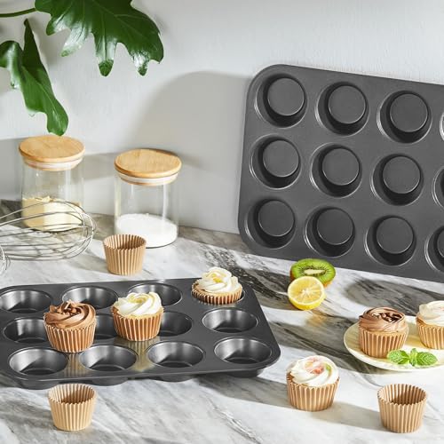 HONGBAKE Muffin Pans with 120 Natural Parchment Liners, Nonstick Cupcake Baking Tray for Oven, Premium Standard Size, 12 Cup, 2 Pack, Dark Grey
