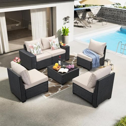 Jing's Villa 6-Piece Patio Furniture Set, All-Weather Outdoor Wicker Sectional Sofa with Cushions, Glass Table & Left and Right Armrest, Rattan Conversation Seating for Porch, Garden, Backyard,Beige