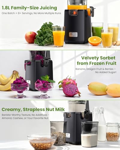LINKChef Cold Press Juicer – 250W Juicer Machines, 5.12" Large Feed Chute for Whole Fruits & Vegetables, 60oz Slow Juicer Family Size, Easy to Clean | BPA-Free | Juice Recipes