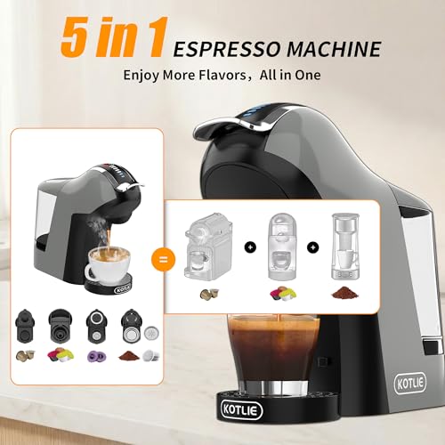 KOTLIE EM-308B Espresso Machine, Single Serve Coffee Maker Compatible with Multiple Capsule Types, Ground Coffee, and ESE Pods. 3 Temperatures, 7 Water Volume Levels, and a 1L Water Tank（Gray）