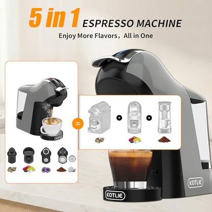 KOTLIE EM-308B Espresso Machine, Single Serve Coffee Maker Compatible with Multiple Capsule Types, Ground Coffee, and ESE Pods. 3 Temperatures, 7 Water Volume Levels, and a 1L Water Tank（Gray）