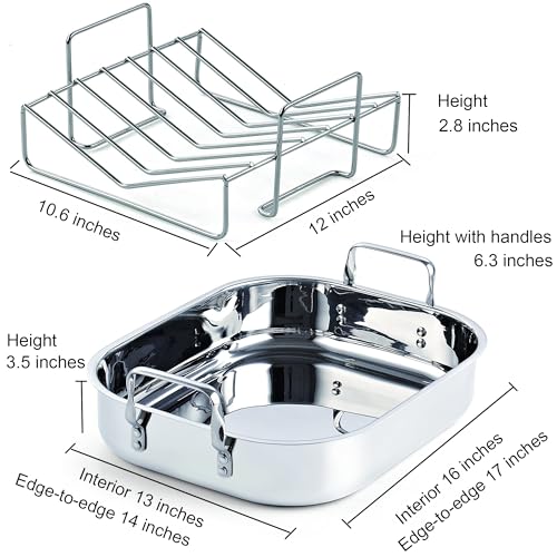 Cooks Standard Stainless Steel Roasting Pan with Rack, Edge 17-Inch x 14-Inch, Large Oven Roaster Pan for Baking Turkey, Chicken, and Veggies，Dishwasher safe