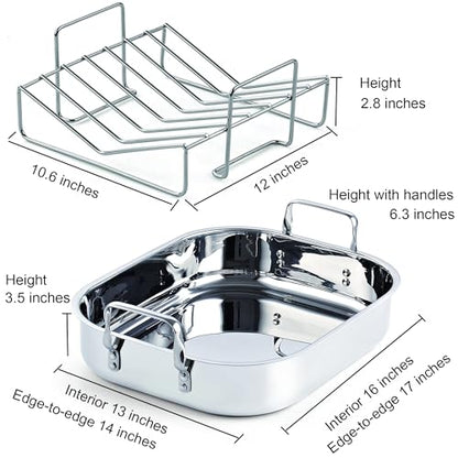 Cooks Standard Stainless Steel Roasting Pan with Rack, Edge 17-Inch x 14-Inch, Large Oven Roaster Pan for Baking Turkey, Chicken, and Veggies，Dishwasher safe
