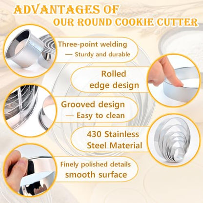 CUTENJOY 6 PCS Round Cookie Cutters (2, 3, 3.5, 4, 5, 6 Inch), Stainless Steel Biscuit Cutters For Baking, Large Circle Cookie Cutter for Baking, Pastry, Donuts, Fondant, Sandwich